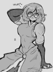 Rule 34 | 1girl, arm behind head, arm up, avatar: the last airbender, avatar legends, bespectacled, biceps, breasts, elbow gloves, fingerless gloves, glasses, gloves, greyscale, highres, korra, large breasts, looking at viewer, monochrome, muscular, muscular female, round eyewear, short hair, sketch, solo, widisu