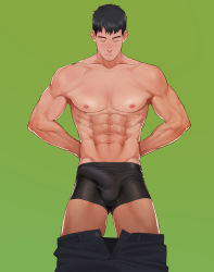 Rule 34 | 1boy, abs, absurdres, arms behind back, bad id, bad pixiv id, bara, black hair, black male underwear, black pants, boxer briefs, bulge, closed eyes, clothes pull, collarbone, cowboy shot, erection, erection under clothes, expressionless, facing viewer, green background, highres, male focus, male underwear, muscular, muscular male, naoki (xhju8282), navel, nipples, original, pants, pants pull, pectorals, short hair, simple background, solo, standing, underwear