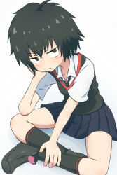 Rule 34 | 1girl, :t, angry, annoyed, black footwear, black hair, black necktie, black skirt, black socks, black sweater vest, blush, boots, breasts, brown eyes, collarbone, collared shirt, elbow on knee, elbow rest, from above, from side, full body, hand on own ankle, head rest, highres, indian style, kneehighs, light frown, looking at viewer, looking to the side, looking up, marvel, narrowed eyes, necktie, on ground, peni parker, pleated skirt, pout, sagami sagari, school uniform, shirt, short hair, short sleeves, simple background, sitting, skirt, small breasts, socks, spider-man: into the spider-verse, spider-man (series), spider-verse, sweater vest, upturned eyes, v-shaped eyebrows, white background, white shirt