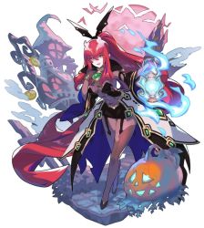 Rule 34 | 1girl, absurdly long hair, akasha (dragalia lost), bodysuit, dragalia lost, fire, full body, halloween, headgear, holding, jack-o&#039;-lantern, jewelry, lantern, long hair, looking at viewer, official art, red hair, saitou naoki, smile, solo, statue, very long hair, weapon, wind, yellow eyes