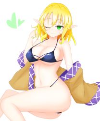 Rule 34 | bikini, black bikini, blonde hair, breasts, brown jacket, unworn clothes, green eyes, heart, highres, jacket, medium breasts, mizuhashi parsee, multicolored clothes, multicolored jacket, navel, one eye closed, pointy ears, short hair, shunki, simple background, solo, swimsuit, thick thighs, thighs, touhou, white background