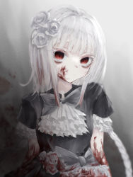 Rule 34 | 1girl, absurdres, albino, arms behind back, bags under eyes, black dress, blood, blood on arm, blood on clothes, blood on face, blunt bangs, bow, colored eyelashes, commentary request, crazy eyes, dress, flower, frilled dress, frills, goth fashion, grey bow, hair flower, hair ornament, head tilt, highres, maruna(maa ruu2), original, red eyes, ribbon, rose, short sleeves, sidelocks, solo, white flower, white hair, white rose