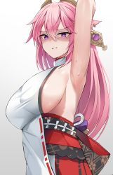 Rule 34 | 1girl, absurdres, animal ears, arm up, armpits, blouse, breasts, earrings, fox ears, genshin impact, glaring, hair between eyes, hair ornament, highres, jewelry, large breasts, long hair, looking at viewer, obi, parted lips, pink hair, presenting armpit, purple eyes, redshark (t373412), sash, shaded face, shirt, sideboob, simple background, sleeveless, sleeveless shirt, solo, sweat, vision (genshin impact), white shirt, yae miko