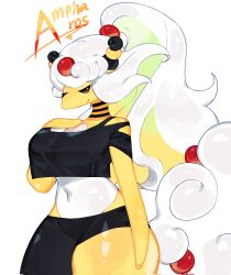 Rule 34 | ampharos, asymmetrical legwear, black eyes, breasts, cleavage, colored skin, creatures (company), fluffy, game freak, gen 2 pokemon, hair bobbles, hair ornament, hand on own chest, highres, horns, large breasts, long hair, mega ampharos, mega pokemon, midriff, navel, nintendo, pokemon, pokemon (creature), ponytail, seductive smile, smile, thick thighs, thighs, togetoge, very long hair, white skin, wide hips, wool, yellow skin