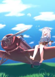 Rule 34 | 1girl, aircraft, airplane, bloop (gawr gura), blue hair, blue hoodie, blue sky, blunt bangs, blush, closed eyes, feet, fins, fish tail, gawr gura, gawr gura (1st costume), gradient sleeves, grass, grasslands, grey hair, holding, holding instrument, hololive, hololive english, hood, hoodie, instrument, lens flare, long hair, long sleeves, mixed-language commentary, multicolored hair, music, musical note, no pants, outdoors, playing instrument, shark tail, singing, sitting, sitting on wing, sky, spoken musical note, streaked hair, tail, two side up, ukulele, virtual youtuber, yuki waraneko