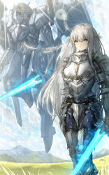 Rule 34 | 1girl, armor, armored boots, arms at sides, boots, breastplate, cloud, cloudy sky, commentary request, energy sword, expressionless, fantasy, faulds, flying, gauntlets, grasslands, grey hair, holding, holding sword, holding weapon, kazunari (prawn10231), knight, long hair, mecha, mountain, original, plate armor, robot, science fiction, shoulder armor, sky, solo, sword, very long hair, weapon, wind, wind lift, yellow eyes