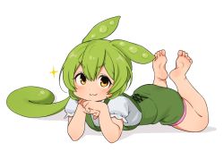 Rule 34 | 1girl, :3, barefoot, feet, green hair, green suspenders, hair between eyes, imai 264, looking at viewer, lying, on stomach, own hands together, ponytail, puffy short sleeves, puffy sleeves, shirt, short sleeves, solo, voicevox, white background, white shirt, yellow eyes, zundamon