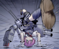 Rule 34 | 10s, 1girl, blue eyes, cannon, emphasis lines, gloves, handstand, kantai collection, long hair, motion blur, pink hair, ponytail, shiranui (kancolle), shorts, shorts under skirt, skirt, solo, tokiwa (mukoku), upside-down, white gloves