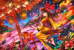 Rule 34 | 1girl, :o, ankoro, arm support, bare shoulders, blue eyes, brown hair, chain, colorful, commentary, feet, fish, floating hair, floral background, floral print, flower, full body, goldfish, hair flower, hair ornament, holding, holding wand, japanese clothes, kimono, lamp, legs together, long hair, long sleeves, mountain, night, night sky, oil lamp, open mouth, original, outdoors, parted lips, petals, plant, rope, sitting, sky, solo, wand, wide sleeves, yellow kimono, yellow sleeves