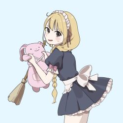Rule 34 | 1girl, apron, aqua background, black dress, black eyes, blonde hair, blush stickers, broom, commentary request, cowboy shot, dress, futaba anzu, hair over shoulder, highres, holding, holding broom, holding stuffed toy, idolmaster, idolmaster cinderella girls, long braid, looking at viewer, maid, maid headdress, open mouth, short sleeves, simple background, sks (s3 rosquilla), solo, stuffed animal, stuffed rabbit, stuffed toy, sweatdrop