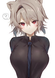 Rule 34 | 1girl, ?, absinthe (arknights), animal ears, arknights, back mountain, bear ears, black shirt, blouse, blue necktie, breasts, grey hair, highres, large breasts, necktie, red eyes, shirt, simple background, solo, white background