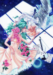 Rule 34 | 1990s (style), 2girls, androgynous, aqua hair, bishoujo senshi sailor moon, bouquet, dress, eye contact, flower, formal, grabbing another&#039;s hair, instrument, jewelry, kaiou michiru, long hair, looking at another, lying, marker (medium), moonlight, multiple girls, musical note, nao-ren, necklace, pant suit, pants, paper, petals, pink flower, pink rose, retro artstyle, reverse trap, rose, rose petals, sheet music, short hair, sky, star (sky), starry sky, striped, suit, ten&#039;ou haruka, traditional media, violin, yellow dress, yuri