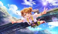 1girl :d beads belt bird black_belt black_bird blue_sky bracelet bridge brown_eyes brown_hair bungee_cord bungee_jumping cinderella_series cliff cloud collarbone double_bun double_v falling from_below full_body game_cg green_shorts hachigatsu_no_cinderella_nine hair_beads hair_bun hair_ornament hairclip highres jewelry lens_flare light_particles light_rays nitta_minako non-web_source official_art open_mouth outdoors shirt shoes short_sleeves shorts sky smile sneakers solo_focus sun sunbeam sunlight v white_footwear white_shirt