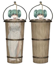 Rule 34 | 1girl, alternate breast size, barefoot, breasts, bucket, cleavage, commentary, empty eyes, full body, green eyes, green hair, hair bobbles, hair ornament, hands up, kisume, large breasts, looking at viewer, multiple views, robe, rope, sash, shaded face, shirosato, short hair, side slit, simple background, standing, thighs, touhou, white background, white robe, white sash, wooden bucket