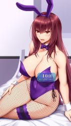 Rule 34 | 1girl, akitsuki karasu, animal ears, bed, breasts, detached collar, fake animal ears, fate/grand order, fate (series), fishnet pantyhose, fishnets, hairband, highres, indoors, large breasts, leotard, official alternate costume, pantyhose, playboy bunny, purple hairband, purple leotard, rabbit ears, scathach (fate), scathach (piercing bunny) (fate), smile, solo, strapless, strapless leotard, thigh strap, wrist cuffs