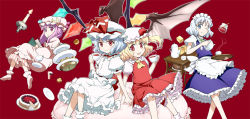 Rule 34 | 4girls, cake, candle, crescent, cup, drinking, embodiment of scarlet devil, female focus, flandre scarlet, food, hat, izayoi sakuya, macaron, multiple girls, one eye closed, pastry, patchouli knowledge, plate, red background, remilia scarlet, simple background, sitting, steam, takahata yuki, teacup, teapot, tiered tray, touhou, tray, wings