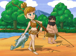 Rule 34 | 1boy, 1girl, bare shoulders, barefoot, beard, black hair, blue eyes, blurry, caveman, cavewoman, cloud, depth of field, earrings, eiji saeki, facial hair, fish, fishing rod, forest, full body, jewelry, looking at another, midriff, miniskirt, mountain, mustache, nature, navel, outdoors, prehistoric, skirt, sky, smile, topknot, tree, water