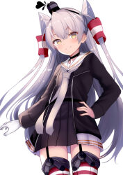 1girl absurdres amatsukaze_(kancolle) amatsukaze_kai_ni_(kancolle) black_dress blush brown_eyes dress garter_straps gloves grey_hair hair_tubes highres himura_moritaka kantai_collection long_hair long_sleeves looking_at_viewer neckerchief red_thighhighs sailor_collar sailor_dress simple_background single_glove smokestack_hair_ornament solo thighhighs two_side_up white_gloves white_sailor_collar