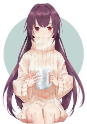 Rule 34 | 1girl, aqua background, bad id, bad pixiv id, breasts, coffee mug, covered mouth, cup, fate/grand order, fate (series), hair intakes, highres, holding, holding cup, karen ngao, knees, legs together, long hair, long sleeves, looking at viewer, medium breasts, mug, purple hair, red eyes, ribbed sweater, scathach (fate), sitting, solo, sweater, teal background, turtleneck, turtleneck sweater, white background, wide sleeves