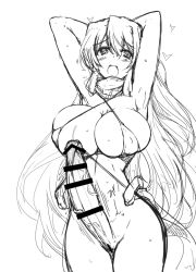 Rule 34 | 1futa, aoi kimi, armpits, arms behind head, arms up, blush, breasts, c.r., cleavage, covered erect nipples, erection, futanari, huge penis, kyoukaisenjou no horizon, large breasts, long hair, looking at viewer, monochrome, penis, solo, tagme