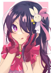 Rule 34 | 1girl, absurdres, blush, brooch, closed mouth, commentary, dress, frilled dress, frilled gloves, frills, gloves, hair between eyes, hair ornament, hair ribbon, hands on own cheeks, hands on own face, heart, heart brooch, highres, hoshino ai (oshi no ko), jewelry, long hair, looking at viewer, one eye closed, one side up, oshi no ko, outline, pink dress, pink eyes, pink gloves, pink ribbon, purple eyes, purple hair, rabbit hair ornament, ribbon, sidelocks, siosabakann, smile, solo, star-shaped pupils, star (symbol), star hair ornament, symbol-shaped pupils, tongue, tongue out, turtleneck, turtleneck dress, upper body, white outline
