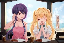 Rule 34 | 2girls, apron, arm up, backlighting, bare shoulders, beach, blonde hair, blue dress, collared shirt, commentary request, cup, curry, day, dress, drinking glass, eating, food, hair ornament, hand on own head, hand up, long hair, looking at another, mizuori shizuku, multiple girls, neck ribbon, ocean, open mouth, own hands together, pink apron, polka dot, polka dot dress, ponytail, puffy short sleeves, puffy sleeves, purple eyes, purple hair, ribbon, shirt, short sleeves, sky, sleeveless, sleeveless dress, summer pockets, table, tagame (tagamecat), tsumugi wenders, twintails, white shirt, x hair ornament