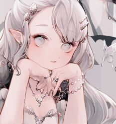 Rule 34 | 1girl, asymmetrical bangs, blue eyes, bracelet, commentary, earrings, highres, jewelry, long hair, looking at viewer, necklace, original, pointy ears, ring, shiiro illust, solo, symbol-only commentary, white eyes, white hair
