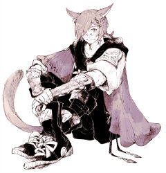 Rule 34 | 1boy, animal ears, arm guards, black footwear, black pants, black scarf, boots, braid, braided ponytail, cat boy, cat ears, cat tail, commentary, crossed ankles, elbow gloves, eyes visible through hair, facial mark, final fantasy, final fantasy xiv, from side, full body, g&#039;raha tia, gloves, hair ornament, hair over one eye, highres, holding own wrist, itowo (itowc), jacket, knee boots, knees up, looking at viewer, low ponytail, male focus, miqo&#039;te, monochrome, neck tattoo, pants, scarf, sepia, short hair, short ponytail, simple background, single braid, sitting, slit pupils, smile, solo, swept bangs, tail, tattoo, white background, x hair ornament