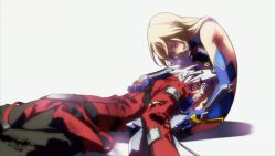 Rule 34 | 1boy, 1girl, arc system works, bare shoulders, black pants, blazblue, blonde hair, blood, crying, elbow gloves, closed eyes, game cg, gloves, injury, jacket, long hair, lying on person, mu-12, noel vermillion, official art, pants, ragna the bloodedge, spiked hair, tears, torn clothes, white hair
