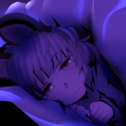 Rule 34 | 1girl, animal ears, blanket, blush, clenched hands, grey hair, ishikkoro, looking at viewer, lying, mouse ears, nazrin, night, on bed, pajamas, pov across bed, sleepwear, solo, touhou, under covers