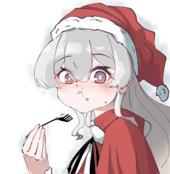 eating firefly_(honkai:_star_rail) food_in_mouth fork grey_hair hair_between_eyes hat highres holding holding_fork honkai:_star_rail honkai_(series) kurisu1904 puffy_cheeks santa_costume santa_hat white_background