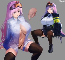 Rule 34 | 1girl, black panties, black thighhighs, breasts, closed mouth, collared shirt, disembodied hand, eyewear on head, firstw1, girls&#039; frontline, grey background, highres, huge breasts, invisible chair, long hair, long sleeves, multiple views, navel, open mouth, panties, partially unbuttoned, pink hair, shirt, sig mcx (girls&#039; frontline), simple background, sitting, skirt, thighhighs, underwear, white shirt