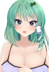Rule 34 | 1girl, alternate costume, bare shoulders, blush, breasts, chemise, chimunge, cleavage, collarbone, frog hair ornament, green hair, grey eyes, hair ornament, highres, kochiya sanae, large breasts, long hair, looking at viewer, no bra, open mouth, simple background, smile, snake hair ornament, strap slip, touhou, upper body