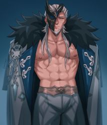 Rule 34 | 1boy, abs, absurdres, bara, bare pectorals, beard, bulge, chalseu, closed mouth, coat, commentary, english commentary, expressionless, facial hair, feet out of frame, fur trim, genshin impact, half-closed eyes, half mask, highres, large pectorals, long hair, looking at viewer, male focus, mask, mature male, muscular, muscular male, navel, nipples, no shirt, open clothes, open coat, pectorals, pierro (genshin impact), solo, standing, stomach, white hair