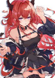 Rule 34 | 1girl, absurdres, arknights, armpit crease, bare shoulders, black dress, blush, breast strap, breasts, cleavage, demon horns, detached collar, dress, hair intakes, highres, holding, holding sword, holding weapon, horns, infection monitor (arknights), jacket, large breasts, long hair, mimma ring (nobuyueli), off shoulder, parted lips, purple eyes, red hair, rhodes island logo (arknights), short dress, sleeveless, sleeveless dress, solo, surtr (arknights), sword, thighhighs, weapon, zettai ryouiki