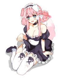 Rule 34 | 1girl, animal ears, black footwear, blue eyes, breasts, cleavage, clothes lift, crying, dog ears, dog girl, dog tail, dress, dress lift, frilled dress, frills, frown, headband, highres, indie virtual youtuber, long hair, maid, open mouth, pink hair, solo, tail, virtual youtuber, white background, white legwear, yuniiho, yuniiho (vtuber)