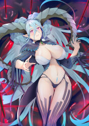 Rule 34 | 1girl, aqua hair, black panties, braid, breasts, cleavage, closed mouth, commentary request, crossed bangs, crown braid, curled horns, dragon girl, dragon horns, fate/grand order, fate (series), fingernails, green horns, green nails, hair between eyes, highres, horns, large breasts, large horns, larva tiamat (third ascension) (fate), long hair, looking at viewer, nakaga eri, navel, panties, pink eyes, pubic tattoo, smile, solo, stomach, symbol-shaped pupils, tattoo, tiamat (fate), underwear, very long hair, x-shaped pupils, x x