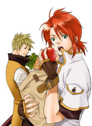 Rule 34 | 00s, apple, blonde hair, food, fruit, green eyes, luke fon fabre, male focus, namco, open mouth, red hair, simple background, tales of (series), tales of the abyss, wrong direction