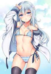 Rule 34 | 1girl, arm up, bare shoulders, bikini, black thighhighs, blue eyes, breasts, collarbone, cowboy shot, gluteal fold, groin, halterneck, hand up, hibiki (kancolle), kantai collection, long hair, long sleeves, looking at viewer, navel, off shoulder, open clothes, open shirt, parted lips, sasachin (k+w), shirt, side-tie bikini bottom, silver hair, small breasts, solo, stomach, striped bikini, striped clothes, swimsuit, thighhighs, thighs, verniy (kancolle), white background, white shirt
