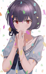 Rule 34 | 1girl, absurdres, andoplus, black bow, black hair, blush, bow, bracelet, brown ribbon, closed mouth, commentary request, confetti, fingernails, grey shirt, hair between eyes, hair ribbon, hands up, highres, idolmaster, idolmaster shiny colors, jewelry, looking at viewer, morino rinze, multicolored hair, puffy short sleeves, puffy sleeves, purple hair, red eyes, ribbon, sailor collar, shirt, short sleeves, simple background, smile, solo, steepled fingers, streaked hair, white background, white sailor collar