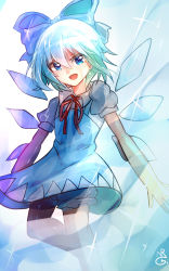 Rule 34 | 1girl, :d, bad id, bad pixiv id, bloomers, blue eyes, blue hair, blush, cirno, dress, gradient background, highres, ice, ice wings, ichirugi, looking at viewer, matching hair/eyes, open mouth, short hair, smile, solo, touhou, underwear, wings