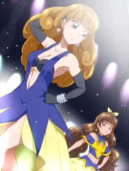 Rule 34 | 2girls, amanogawa kirara, amanogawa stella, black gloves, blonde hair, blue eyes, breasts, brown hair, cleavage, earrings, elbow gloves, gloves, go! princess precure, hairband, jewelry, long hair, medium breasts, midriff, mother and daughter, multiple girls, navel, precure, small breasts, tj-type1, twintails