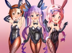 Rule 34 | 3girls, animal ears, animal hat, animal hood, black bow, black bowtie, black gloves, black leotard, blue eyes, bow, bowtie, braid, breasts, brown eyes, brown hair, brown legwear, commentary request, cowboy shot, detached collar, elbow gloves, fake animal ears, fishnet legwear, fishnets, gloves, gradient background, hat, highres, holding hands, hood, kyoka (princess connect!), leotard, long hair, looking at viewer, mimi (princess connect!), misogi (princess connect!), multiple girls, pantyhose, pink hair, playboy bunny, pointy ears, ponytail, princess connect!, purple hair, rabbit ears, rabbit hat, rabbit hood, rabbit tail, red eyes, small breasts, tail, tatsuo (quantum oyster), twin braids, twintails