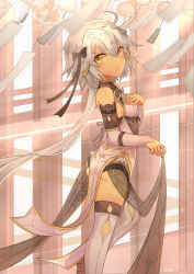 Rule 34 | 1girl, ahoge, ass, bare shoulders, black panties, black ribbon, blush, breasts, china dress, chinese clothes, cleavage cutout, closed mouth, clothing cutout, detached sleeves, dress, fate/grand order, fate (series), hair between eyes, hair ribbon, headpiece, highres, jeanne d&#039;arc (fate), jeanne d&#039;arc alter santa lily (fate), long hair, looking at viewer, panties, pelvic curtain, ribbon, side slit, silver hair, small breasts, solo, tassel, thighhighs, thighs, underwear, very long hair, weyas kayur, white dress, white thighhighs, wind chime, yellow eyes