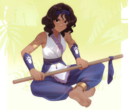 Rule 34 | 1girl, anklet, bare shoulders, barefoot, blue pants, blue sash, brown eyes, brown hair, closed mouth, commentary, commission, dark-skinned female, dark skin, dnaitari, english commentary, eyelashes, feet, full body, gold trim, hairband, highres, holding, jewelry, looking at viewer, medium hair, original, pants, parted bangs, puffy pants, purple hairband, sash, shirt, sidelocks, sitting, sleeveless, sleeveless shirt, soles, solo, toes, white shirt