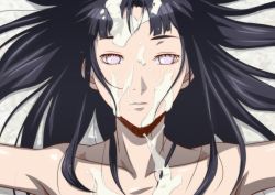 Rule 34 | 1girl, after fellatio, armpits, black hair, blush, collarbone, cum, cum on body, cum on hair, cum on upper body, empty eyes, expressionless, eyebrows, eyelashes, facial, from above, hyuuga hinata, kyabakurabakufu, long hair, looking at viewer, lying, naruto, naruto (series), nude, on back, outstretched arms, serious, solo, spread arms, upper body, white eyes