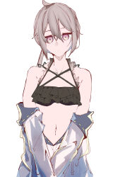 Rule 34 | 1girl, absurdres, ahoge, bare shoulders, bikini, black bikini, closed mouth, cowboy shot, dot mouth, e sky rugo, frilled bikini, frills, girls&#039; frontline, grey hair, head tilt, highres, jacket, jacket partially removed, looking at viewer, m200 (girls&#039; frontline), multi-strapped bikini, navel, ponytail, simple background, solo, swimsuit, white background, white jacket