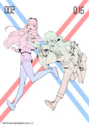 Rule 34 | 10s, 1boy, 1girl, :d, absurdres, bag, clothes writing, darling in the franxx, dated, gorgeous mushroom, grocery bag, highres, hiro (darling in the franxx), holding hands, horns, jacket, limited palette, long hair, looking at another, one eye closed, open clothes, open jacket, open mouth, pants, shirt, shoes, shopping bag, shorts, smile, sweatdrop, walking, zero two (darling in the franxx)