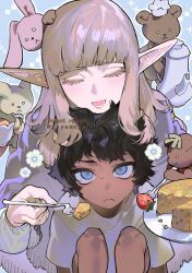 Rule 34 | 1boy, 1girl, aged down, black hair, blue background, blue eyes, blunt bangs, braid, cake, chin rest, closed eyes, commentary request, cup, curly hair, dark-skinned male, dark skin, dungeon meshi, elf, feeding, flower (symbol), food, fork, fruit, gapamopa, head on head, head rest, highres, holding, holding cup, holding fork, holding plate, holding teapot, kabru, korean commentary, light blush, light frown, long hair, milsiril (dungeon meshi), mother and son, multiple braids, open mouth, plate, pointy ears, shirt, short hair, sidelocks, simple background, sitting, strawberry, stuffed animal, stuffed rabbit, stuffed toy, sweatdrop, tea, teacup, teapot, teddy bear, twitter username, white hair, white shirt