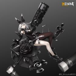 Rule 34 | 1girl, ammunition, armor, armored dress, black dress, blue eyes, breasts, cleavage, clover, collar, crossover, dark persona, dress, elphelt valentine, four-leaf clover, full body, grey background, guilty gear, guilty gear xrd, gun, hair ornament, highres, holding, holding weapon, huge weapon, medium breasts, npt shizuka, official alternate costume, pale skin, sangvis ferri, shell casing, short hair, shotgun shell, showgirl skirt, silver hair, single thighhigh, solo, spikes, spoilers, thighhighs, weapon, yellow eyes